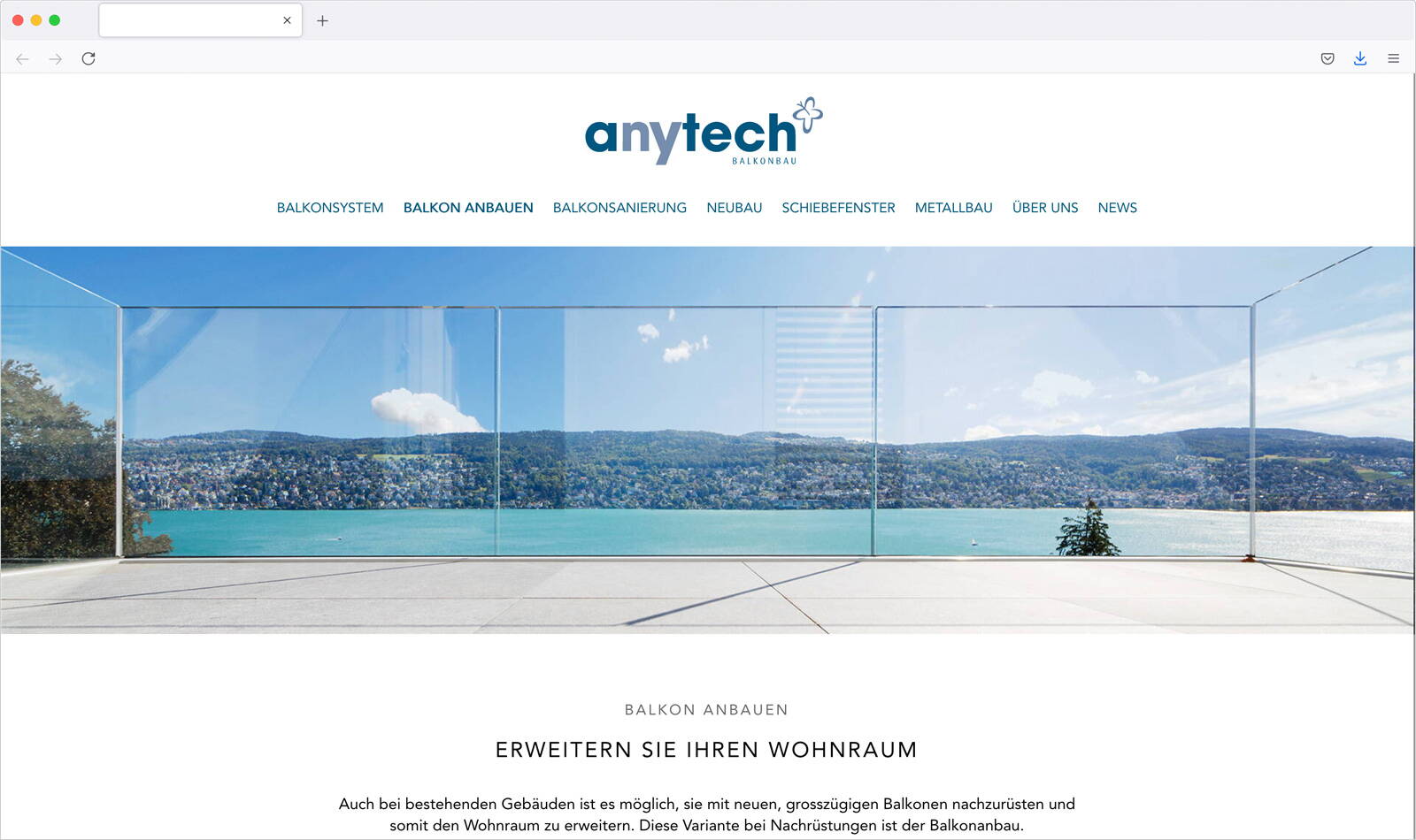 Webseite Anytech Balkonbau, Einstiegsseite