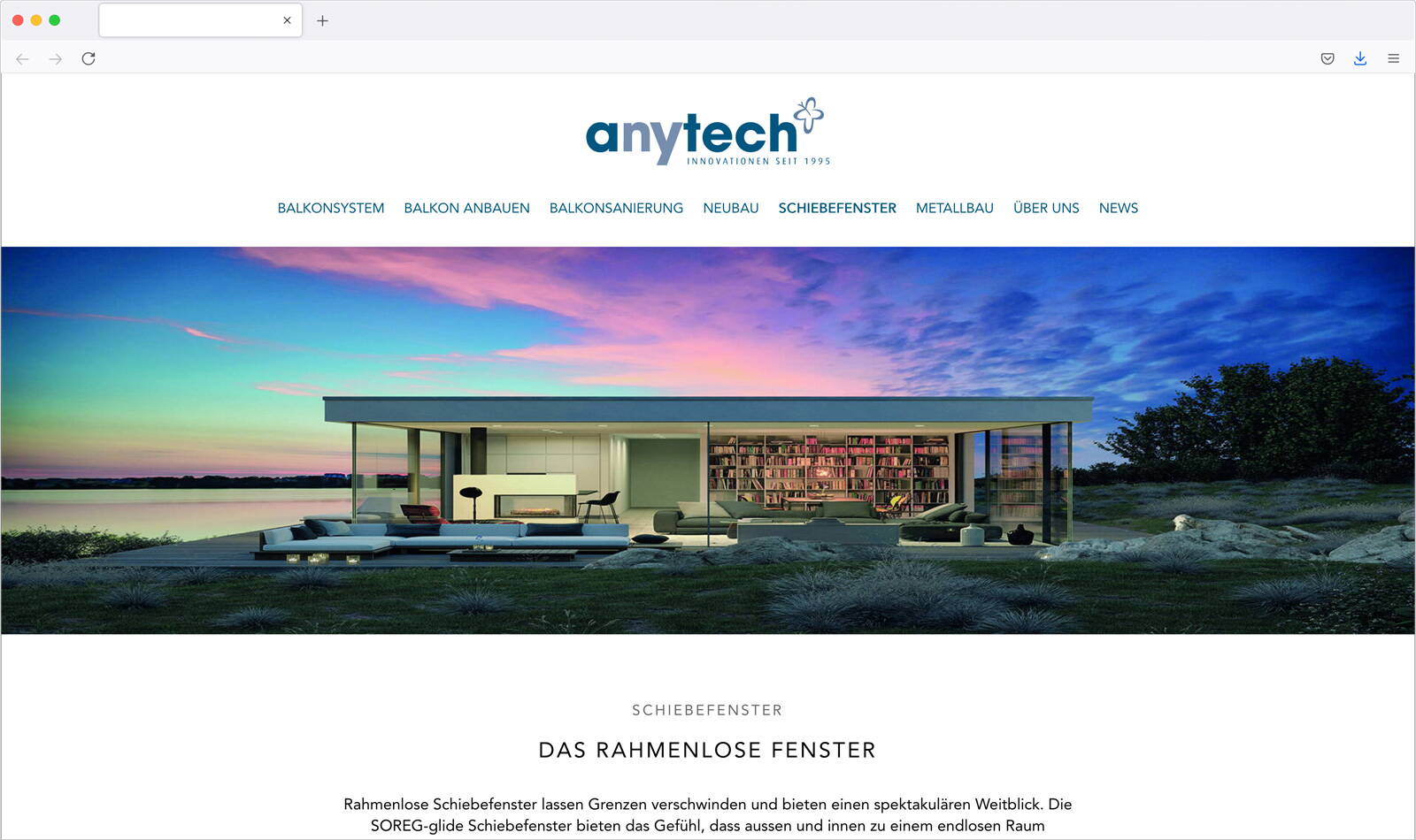 Webseite Anytech Balkonbau, Einstiegsseite Schiebefenster