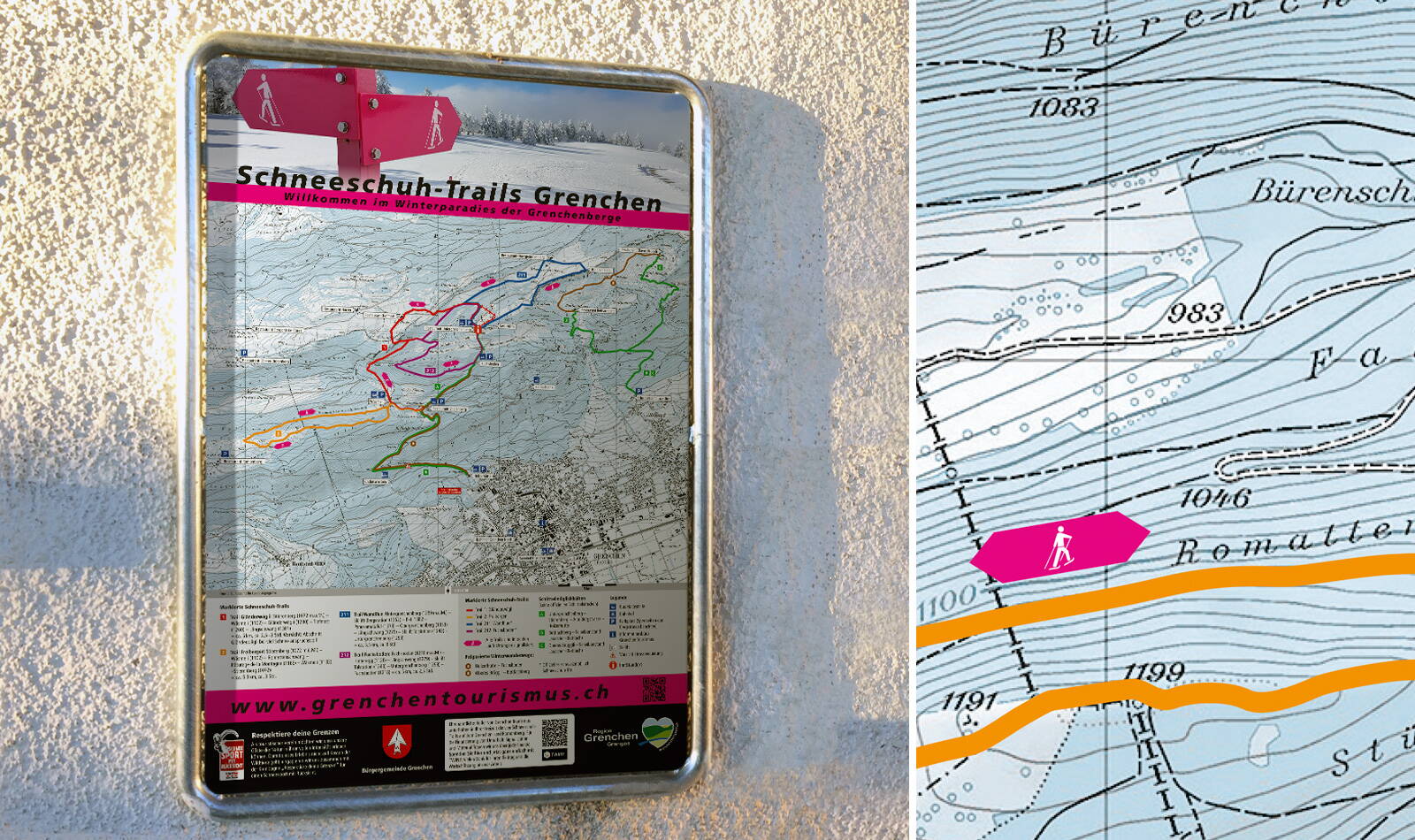 Grenchen Tourismus Schneeschuh-Trail Informationstafel mit Detail zur Karte